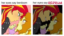 Size: 975x548 | Tagged: semi-grimdark, artist:raika0306, derpibooru import, adagio dazzle, sunset shimmer, demon, human, unicorn, equestria girls, bedroom eyes, blushing, comparison, corrupted, disguise, disguised siren, exploitable meme, female, grin, lesbian, looking at each other, meme, memeception, misspelling, movie reference, murder, open mouth, redrum, shipping, smiling, stephen king, sunsagio, sunset satan, the shining