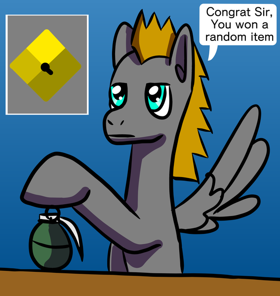 Size: 1934x2048 | Tagged: artist:platinumdrop, derpibooru import, grenade, male, oc, oc:platinumdrop, pegasus, safe, solo, speech bubble, stallion