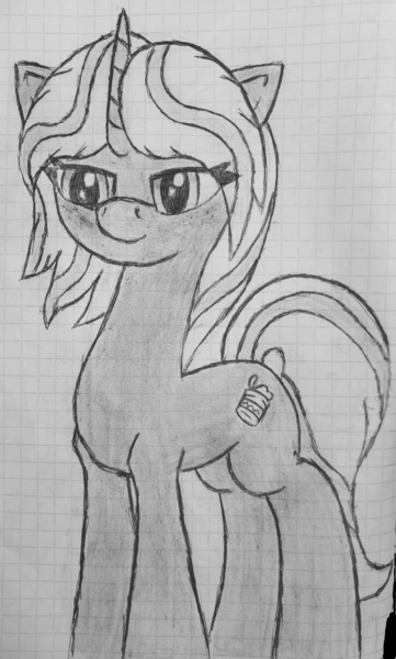 Size: 1693x2816 | Tagged: safe, artist:zeka10000, derpibooru import, oc, unnamed oc, pony, unicorn, female, graph paper, mare, monochrome, solo, standing, traditional art