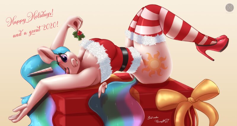 Size: 4096x2177 | Tagged: suggestive, artist:nexcoyotlgt, derpibooru import, princess celestia, anthro, armpits, big breasts, bottomless, breasts, busty princess celestia, butt, christmas, cleavage, clothes, high heels, holiday, holly, holly mistaken for mistletoe, lidded eyes, looking at you, mistletoe abuse, no panties, no underwear, one eye closed, partial nudity, praise the sun, present, shoes, socks, solo, striped socks, stupid sexy celestia, sunbutt