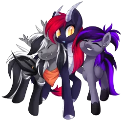 Size: 4643x4586 | Tagged: safe, artist:scarlet-spectrum, derpibooru import, oc, oc:scarlet spectrum, oc:stormdancer, oc:viola, bat pony, dracony, dragon, hybrid, pegasus, pony, bandana, bat pony oc, bat wings, clothes, cute, hug, nuzzling, pegasus oc, socks, wing ring, wings