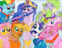 Size: 1024x792 | Tagged: safe, artist:brookellyn, derpibooru import, applejack, fluttershy, pinkie pie, princess twilight 2.0, rainbow dash, rarity, spike, twilight sparkle, twilight sparkle (alicorn), alicorn, dragon, earth pony, pegasus, pony, unicorn, the last problem, applejack (male), barb, beard, bubble berry, butterscotch, dragoness, dusk shine, elusive, facial hair, female, gigachad spike, goatee, granny smith's scarf, king dusk shine, male, mane seven, mane six, moustache, older, older applejack, older applejack (male), older barb, older bubble berry, older butterscotch, older dusk shine, older elusive, older fluttershy, older mane seven, older mane six, older pinkie pie, older rainbow blitz, older rainbow dash, older rarity, older spike, older twilight, prince dusk, queen barb, rainbow blitz, rule 63, stallion, traditional art, winged barb, winged spike