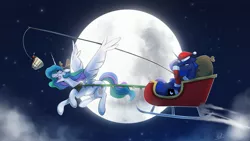 Size: 2880x1620 | Tagged: safe, artist:anticular, derpibooru import, princess celestia, princess luna, alicorn, pony, ask sunshine and moonbeams, antlers, cake, cakelestia, carrot on a stick, christmas, duo, female, food, hat, holiday, mare, moon, night, reindeer antlers, santa hat, sled, sleigh, tongue out
