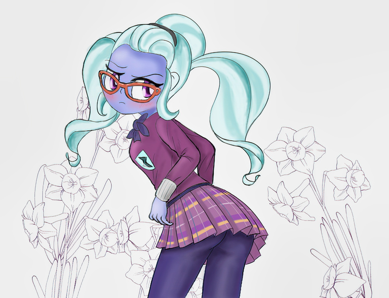 Size: 4746x3636 | Tagged: suggestive, artist:fromamida, derpibooru import, sugar belle, sugarcoat, equestria girls, ass, butt, clothes, crystal prep academy uniform, cute, female, glasses, leggings, looking at you, looking back, looking back at you, miniskirt, moe, pigtails, pleated skirt, school uniform, skirt, solo, sugarbetes, sugarcheeks, twintails, upskirt