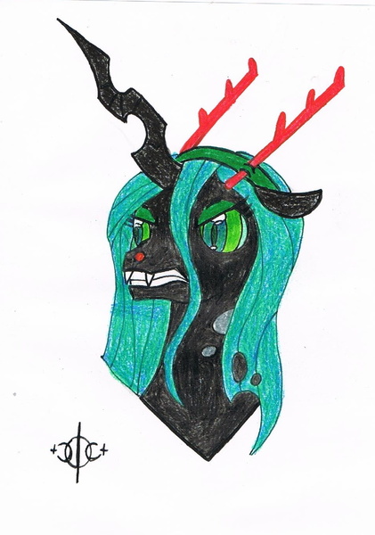 Size: 961x1371 | Tagged: safe, artist:assertiveshypony, derpibooru import, queen chrysalis, changeling, changeling queen, pony, angry, antlers, bust, christmas changeling, drawing, female, portrait, reindeer antlers, rudolph the red nosed reindeer, simple background, solo, traditional art, white background