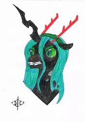 Size: 961x1371 | Tagged: safe, artist:assertiveshypony, derpibooru import, queen chrysalis, changeling, changeling queen, pony, angry, antlers, bust, christmas changeling, drawing, female, portrait, reindeer antlers, rudolph the red nosed reindeer, simple background, solo, traditional art, white background