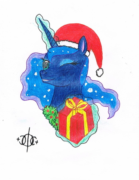 Size: 1123x1447 | Tagged: safe, artist:assertiveshypony, derpibooru import, princess luna, alicorn, pony, christmas, christmas wreath, drawing, hat, holiday, image, jpeg, looking at you, magic, one eye closed, santa hat, simple background, smiling at you, solo, traditional art, white background, wreath