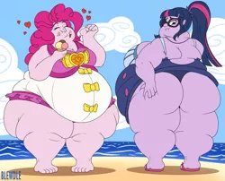 Size: 995x803 | Tagged: dead source, suggestive, artist:blewdle, deleted from derpibooru, derpibooru import, pinkie pie, sci-twi, twilight sparkle, equestria girls, equestria girls series, friendship math, bbw, beach, belly, big belly, big breasts, breasts, busty pinkie pie, busty sci-twi, busty twilight sparkle, butt, butt touch, chubby cheeks, clothes, duo, embarrassed, fat, feet, female, food, glasses, hand on butt, huge breasts, ice cream, image, large butt, looking back, looking down, morbidly obese, obese, piggy pie, png, pudgy pie, sandals, sci-twilard, ssbbw, swimsuit, twibutt, twilard sparkle, twilight has a big ass