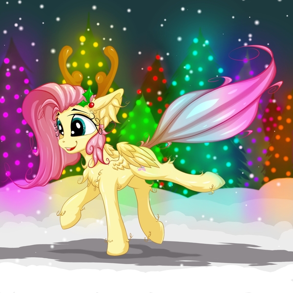 Size: 2500x2500 | Tagged: safe, artist:rurihal, derpibooru import, fluttershy, pegasus, pony, chest fluff, christmas, cute, ear fluff, female, fluffy, holiday, mare, shyabetes, smiling, solo, winter