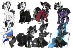 Size: 1920x1280 | Tagged: safe, artist:crimmharmony, derpibooru import, rarity, oc, oc:frontier justice, oc:shadow spade, pony, unicorn, fallout equestria, fallout equestria: kingpin, alcohol, armor, armored legs, aura, bags under eyes, bangs, beauty mark, bipedal, black eyeshadow, blank, blank flank, blank of rarity, blue dress, blue eyes, choker, clothes, collage, commissioner:genki, dead eyes, detective, detective rarity, discharge, emotional spectrum, fedora, female, glass, gold rings, gun, handgun, hat, holster, horn, innocence lost, jewelry, justice mare, lawbringer, magic, magic aura, mane highlights, mare, messy mane, ministry of awesome, ministry of image, moa stealth armor, multeity, mutation, necklace, not rarity, pipboy, pipbuck, pistol, power armor, progress, purple eyeshadow, raised hoof, revolver, scar, serious, serious face, shading, shoes, shy, simple background, sitting, smiling, solo, sophisticated as hell, sparkling blue dress, sparkling dress, split-personality merge, spots, stable 232, stable 232 overmare suit, standing, stool, swordstick, tail armor, telekinesis, tired, trenchcoat, unicorn oc, vault suit, weapon, wet, wet mane, white background, wine, wine glass