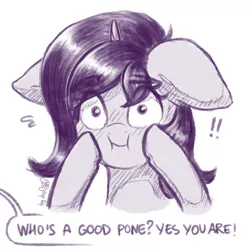 Size: 1024x1024 | Tagged: safe, artist:dsp2003, derpibooru import, oc, oc:fizzy pop, pony, unicorn, best pone, blushing, comic, cute, exclamation point, female, floppy ears, hnnng, looking at you, mare, monochrome, offscreen character, pone, simple background, single panel, sketch, speech bubble, white background, who's a good pony