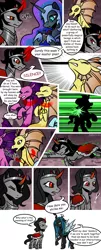 Size: 1250x3100 | Tagged: safe, artist:nancy-05, author:bigonionbean, derpibooru import, adagio dazzle, aria blaze, king sombra, nightmare moon, queen chrysalis, sonata dusk, pony, siren, unicorn, comic:fusing the fusions, comic:time of the fusions, alicorn amulet, argument, chest, choking, clothes, comic, commissioner:bigonionbean, dialogue, draining, dungeon, evil planning in progress, female, gem, jewelry, mare, necklace, potion, prison, queen umbra, regalia, rule 63, siren gem, spell, spirit, tartarus, the dazzlings, transformation, transgender transformation, wingless