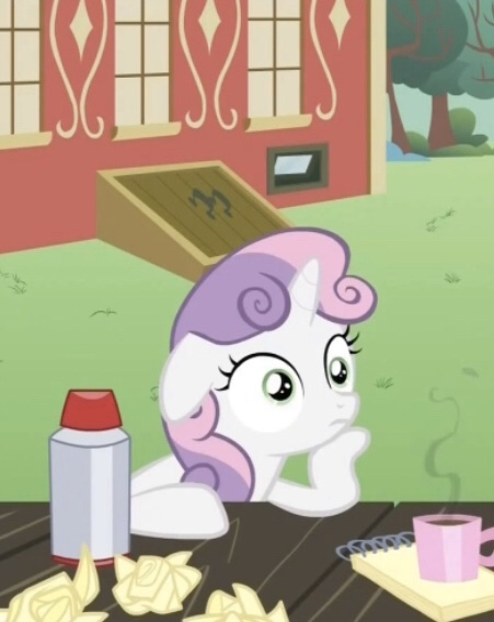 Size: 451x568 | Tagged: safe, derpibooru import, screencap, sweetie belle, pony, unicorn, ponyville confidential, coffee, cropped, cute, diasweetes, exploitable meme, female, filly, floppy ears, image macro, meme, meme origin, mug, notepad, obligatory pony, ponyville schoolhouse, solo, sudden clarity sweetie belle, thinking