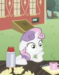 Size: 451x568 | Tagged: safe, derpibooru import, screencap, sweetie belle, pony, unicorn, ponyville confidential, coffee, cropped, cute, diasweetes, exploitable meme, female, filly, floppy ears, image macro, meme, meme origin, mug, notepad, obligatory pony, ponyville schoolhouse, solo, sudden clarity sweetie belle, thinking