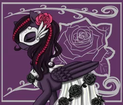 Size: 1400x1200 | Tagged: safe, artist:jagga-chan, derpibooru import, oc, oc:duskwing, pegasus, pony, clothes, dress, female, flower, flower in hair, gala dress, mare, mask, solo