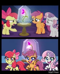 Size: 1288x1572 | Tagged: safe, artist:cloudyglow, derpibooru import, edit, edited screencap, editor:teren rogriss, screencap, apple bloom, scootaloo, sweetie belle, earth pony, pegasus, pony, unicorn, growing up is hard to do, my little pony: pony life, adorabloom, age progression, bow, chibi, comic, cute, cutealoo, cutie mark crusaders, diasweetes, female, filly, floppy ears, flower, foal, goldie delicious' scarf, gritted teeth, hair bow, happy, hooves, horn, mare, older, older apple bloom, older cmc, older scootaloo, older sweetie belle, open mouth, raised hoof, sad, screencap comic, smiling, spread wings, tabun, transformation, twilight's castle, unshorn fetlocks, wings, wishing flower