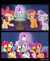 Size: 1288x1572 | Tagged: safe, artist:apony4u, derpibooru import, edit, edited screencap, editor:teren rogriss, screencap, apple bloom, scootaloo, sweetie belle, earth pony, pegasus, pony, robot, robot pony, unicorn, growing up is hard to do, apple bloom bot, blank flank, bow, comic, cutie mark crusaders, female, filly, floppy ears, flower, foal, gritted teeth, hair bow, hooves, horn, open mouth, raised hoof, roboticization, sad, scootabot, screencap comic, sweetie bot, tabun, transformation, twilight's castle, wings, wishing flower