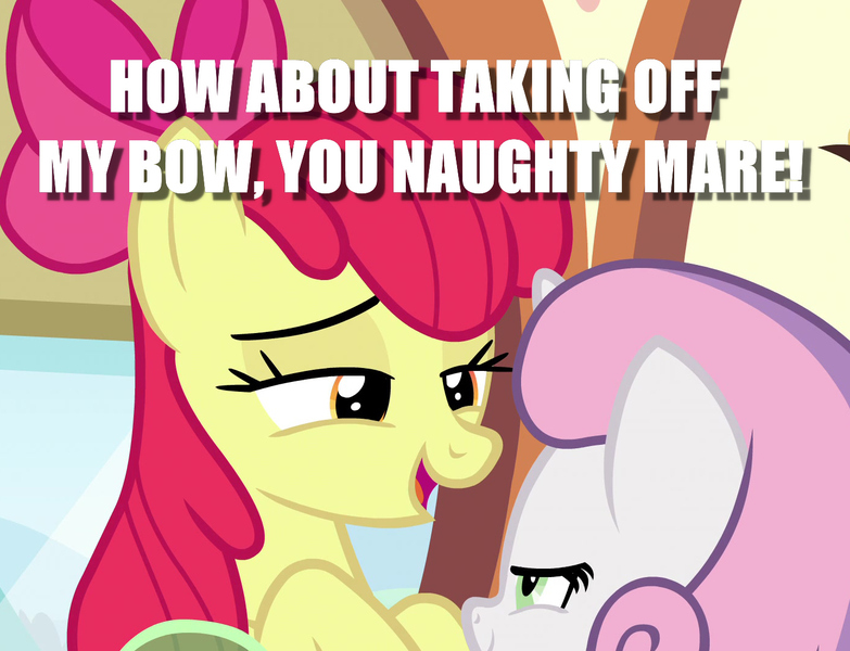 Size: 1393x1067 | Tagged: apple bloom, caption, cropped, derpibooru import, edit, edited screencap, growing up is hard to do, image macro, implied sweetiebloom, older, older apple bloom, older sweetie belle, safe, screencap, shipping, sweetie belle, text