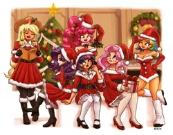 Size: 2564x2000 | Tagged: suggestive, artist:king-kakapo, derpibooru import, applejack, fluttershy, pinkie pie, rainbow dash, rarity, twilight sparkle, human, blushing, christmas, clothes, costume, female, gift wrapped, hat, holiday, humanized, lesbian, mane six, milestone, present, santa costume, santa hat, shipping, singing, twishy