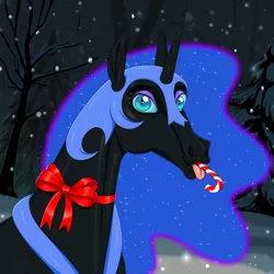 Size: 3000x3000 | Tagged: safe, artist:f0rever13, derpibooru import, nightmare moon, alicorn, horse, pony, bow, bust, candy, candy cane, christmas, commission, digital art, female, food, forest, hat, hoers, holiday, looking at you, majestic as fuck, mare, nicemare moon, portrait, ribbon, snow, snowfall, solo, tongue out, tree, ych result