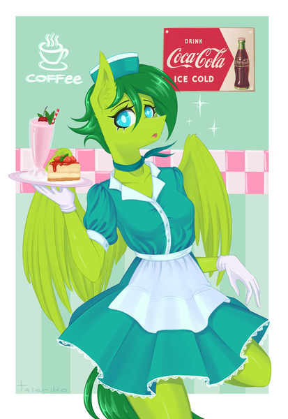 Size: 2673x3888 | Tagged: anthro, artist:taleriko, clothes, cute, derpibooru import, dress, female, mare, oc, oc:evergreen feathersong, pegasus, rcf community, safe, solo, unofficial characters only, waitress