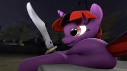 Size: 1334x750 | Tagged: semi-grimdark, suggestive, artist:theinvertedshadow, derpibooru import, twilight sparkle, alicorn, pony, unicorn, elements of insanity, 3d, ass, bedroom eyes, blood, brutalight sparcake, brutwilight sharple, butt, female, fission, fission duplicate, gmod, illusion, link in source, machete, mare, plot, red eyes, smiling, solo, source filmmaker, stupid sexy brutalight, stupid sexy brutwilight, stupid sexy twilight, sword, tomboy, unicorn twilight, union of the elements of insanity, weapon, youtube link