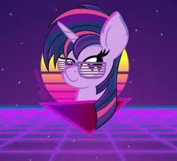 Size: 1024x929 | Tagged: safe, artist:puperhamster, derpibooru import, twilight sparkle, alicorn, pony, unicorn, alternate hairstyle, bust, glasses, punklight sparkle, retrowave, solo