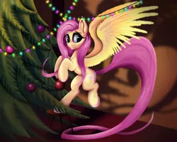 Size: 5000x4000 | Tagged: safe, artist:teridax63, derpibooru import, fluttershy, pegasus, pony, christmas, christmas decoration, christmas lights, christmas ornament, christmas tree, colored hooves, decorating, decoration, eyelashes, female, holiday, hoof hold, indoors, long tail, looking at you, mare, smiling, solo, spread wings, stool, stray strand, three quarter view, tree, wings