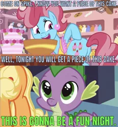 Size: 642x691 | Tagged: suggestive, derpibooru import, edit, edited screencap, editor:undeadponysoldier, screencap, applejack, cup cake, spike, dragon, earth pony, pony, spike at your service, the perfect pear, boomerang (tv channel), boomerang logo, bowl, cake, caption, cute, female, food, image macro, imminent sex, implied anal, implied foalcon, implied sex, implied sex in bed, infidelity, male, mare, pointing, pointing at self, shipping, spikabetes, spikecake, straight, sugarcube corner, text