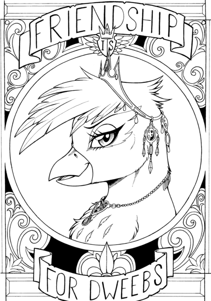 Size: 2394x3416 | Tagged: safe, artist:longinius, derpibooru import, gilda, gryphon, bust, crown, dweeb, jewelry, looking at you, monochrome, necklace, portrait, profile, regalia, scroll, smiling, text, traditional art