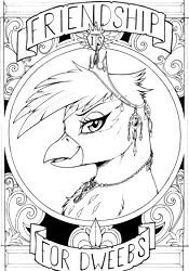 Size: 2394x3416 | Tagged: safe, artist:longinius, derpibooru import, gilda, gryphon, bust, crown, dweeb, jewelry, looking at you, monochrome, necklace, portrait, profile, regalia, scroll, smiling, text, traditional art