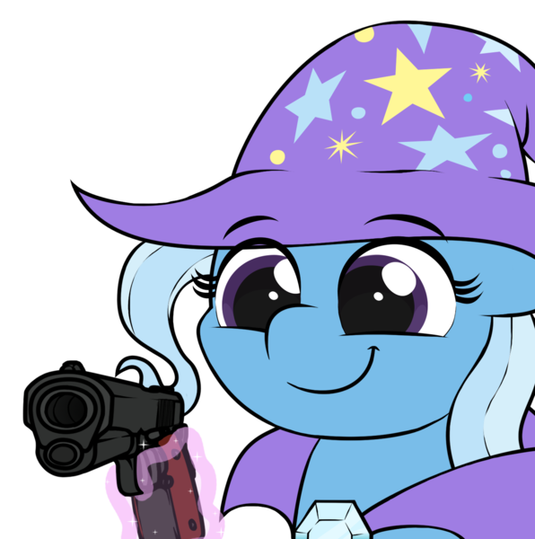 Size: 1381x1391 | Tagged: safe, artist:ljdamz1119, derpibooru import, trixie, unicorn, :j, cape, clothes, delet this, gun, handgun, hat, levitation, m1911, magic, pistol, remake, simple background, smiling, solo, telekinesis, transparent background, trixie's cape, trixie's hat, weapon