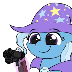 Size: 1381x1391 | Tagged: safe, artist:ljdamz1119, derpibooru import, trixie, unicorn, :j, cape, clothes, delet this, gun, handgun, hat, levitation, m1911, magic, pistol, remake, simple background, smiling, solo, telekinesis, transparent background, trixie's cape, trixie's hat, weapon