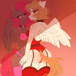 Size: 1500x1500 | Tagged: anthro, anthro oc, artist needed, ass, bra, breasts, butt, clothes, derpibooru import, female, frilly underwear, garter belt, holding hands, lesbian, lingerie, mare, oc, oc:honey bun, oc:red velvet, panties, pegasus, pink bra, pink panties, pink underwear, red underwear, socks, stockings, suggestive, thigh highs, underwear, unofficial characters only