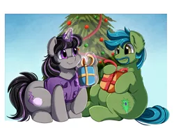 Size: 3430x2524 | Tagged: safe, artist:pridark, derpibooru import, oc, oc:lupin quill, oc:magna-save, unofficial characters only, earth pony, pony, unicorn, bhm, christmas, christmas tree, clothes, fat, female, gift giving, hearth's warming eve, holiday, jacket, magic, male, mare, present, stallion, tree