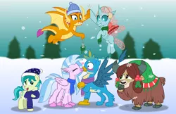 Size: 2000x1294 | Tagged: safe, artist:aleximusprime, derpibooru import, gallus, ocellus, sandbar, silverstream, smolder, yona, changedling, changeling, dragon, earth pony, gryphon, hippogriff, yak, blushing, christmas, clothes, cute, diaocelles, diastreamies, female, gallabetes, gallstream, holiday, kissing, lip bite, male, mistletoe, sandabetes, scarf, shipper on deck, shipping, smolderbetes, snow, spread wings, straight, student six, surprise kiss, wingboner, wings, yonadorable