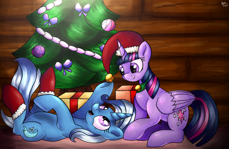 Size: 2416x1574 | Tagged: safe, artist:appleneedle, derpibooru import, trixie, twilight sparkle, twilight sparkle (alicorn), alicorn, pony, unicorn, bell, cabin, choker, christmas, christmas lights, christmas tree, clothes, commission, cute, diatrixes, female, hat, holiday, lesbian, looking at each other, mare, on back, open mouth, present, raised hoof, raised leg, santa hat, shipping, socks, tree, twiabetes, twixie, underhoof