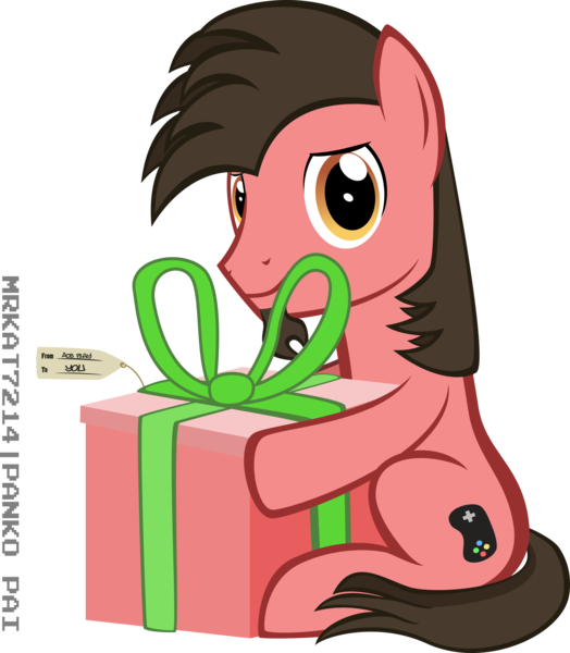 Size: 4000x4580 | Tagged: safe, artist:mrkat7214, derpibooru import, oc, oc:ace play, unofficial characters only, earth pony, pony, absurd resolution, facial hair, goatee, holding, holding a present, looking at you, male, present, simple background, sitting, solo, stallion, transparent background, vector