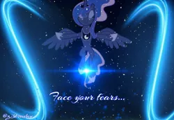 Size: 1693x1169 | Tagged: alicorn, artist:z3bradan, blue, christmas, derpibooru import, holiday, princess luna, quote, safe, snow, solo, stars, wallpaper