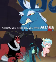 Size: 2000x2246 | Tagged: safe, derpibooru import, edit, edited screencap, screencap, cozy glow, grogar, lord tirek, queen chrysalis, centaur, changeling, changeling queen, pegasus, pony, sheep, frenemies (episode), abuse, angry, beard, bow, caption, chrysabuse, clenched teeth, cozybuse, crown, cutie mark, evil lair, eyebrows, facial hair, fangs, female, filly, grogar's lair, horn, horns, image macro, jewelry, lair, legion of doom, leopold, male, meme, nervous, nose piercing, nose ring, piercing, quote, ram, reference, regalia, scared, shackles, text, the simpsons, tirekabuse, wings