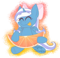 Size: 660x640 | Tagged: safe, artist:crippledbeanbag, derpibooru import, oc, oc:fleurbelle, unofficial characters only, alicorn, adorabelle, alicorn oc, chibi, cute, eyes closed, female, food, fruit, herbivore, horn, mare, orange, simple background, solo, tongue out, transparent background, wings
