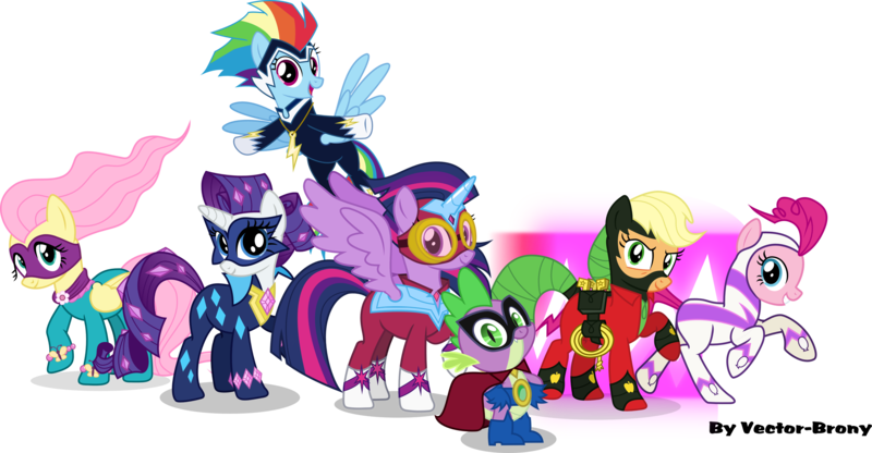 Size: 3398x1765 | Tagged: safe, artist:vector-brony, derpibooru import, applejack, fili-second, fluttershy, humdrum, masked matter-horn, mistress marevelous, pinkie pie, radiance, rainbow dash, rarity, saddle rager, spike, twilight sparkle, twilight sparkle (alicorn), zapp, alicorn, dragon, pony, female, looking at you, male, mane seven, mane six, mare, power ponies, simple background, text, transparent background, vector