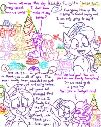 Size: 4779x6013 | Tagged: safe, artist:adorkabletwilightandfriends, derpibooru import, lily, lily valley, moondancer, spike, starlight glimmer, twilight sparkle, twilight sparkle (alicorn), oc, oc:pinenut, alicorn, cat, dragon, earth pony, pony, unicorn, comic:adorkable twilight and friends, adorkable, adorkable twilight, bells, candle, card, christmas, christmas lights, christmas presents, christmas sweater, christmas tree, christmas village, clothes, comic, crying, cute, dork, envelopes, family, friendship, garland, glowing horn, hanukkah, happy, heartfelt, hearth's warming, hearth's warming eve, holiday, horn, hug, love, magic, merry christmas, mistletoe, nativity, present, relationship, sitting, slice of life, sweater, tears of joy, telekinesis, tree, wreath