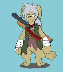 Size: 2508x2858 | Tagged: anthro, artist:omegapony16, bandage, clothes, derpibooru import, diamond dog, diamond dog oc, digitigrade anthro, female, gun, oc, safe, simple background, solo, unofficial characters only, vest, weapon