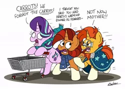 Size: 1024x728 | Tagged: safe, artist:bobthedalek, derpibooru import, starlight glimmer, stellar flare, sunburst, pony, unicorn, clothes, female, male, mother and child, mother and son, mothers gonna mother, panic, running, scarf, shopping cart, simple background, sunburst is not amused, that pony sure does love plans, unamused, white background