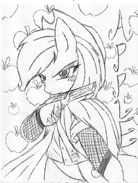 Size: 2550x3377 | Tagged: safe, artist:petanoprime, derpibooru import, applejack, earth pony, semi-anthro, apple, clothes, female, food, freckles, gun, hat, hoof hold, lineart, monochrome, signature, text, traditional art, tree, weapon