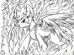 Size: 1035x772 | Tagged: safe, artist:petanoprime, derpibooru import, spitfire, pegasus, pony, female, fire, grin, lineart, mare, monochrome, signature, smiling, solo, text, traditional art