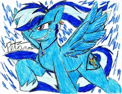 Size: 1018x784 | Tagged: safe, artist:petanoprime, derpibooru import, oc, oc:electric sketch, unofficial characters only, pegasus, pony, female, freckles, grin, jewelry, mare, necklace, pegasus oc, pencil, ponytail, raised hoof, smiling, solo, spread wings, traditional art, unshorn fetlocks, wings