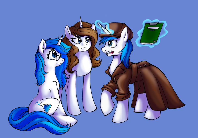 Size: 2874x2005 | Tagged: safe, artist:mati0la, derpibooru import, oc, oc:brainstorm, oc:mind, oc:white storm, unofficial characters only, pony, unicorn, blue background, brother and sister, clothes, coat, detective, female, glasses, hat, magic, male, mother and child, mother and son, notebook, siblings, simple background