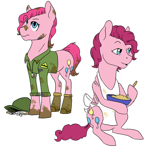 Size: 3108x3128 | Tagged: safe, artist:phobicalbino, derpibooru import, pinkie pie, earth pony, pony, apron, bowl, clothes, dog tags, female, grimdark in the description, hat, mare, military uniform, mixing bowl, mud, muddy, naked apron, scar, simple background, stirring, white background